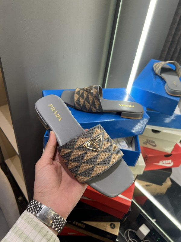 Prada Geometric Logo Slides With OG Box & Dust Bag