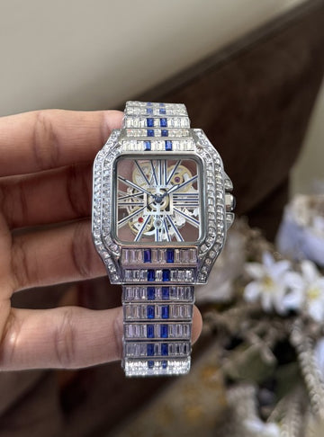 Cartier Santos Skeleton Blue Diamond Quartz Watch