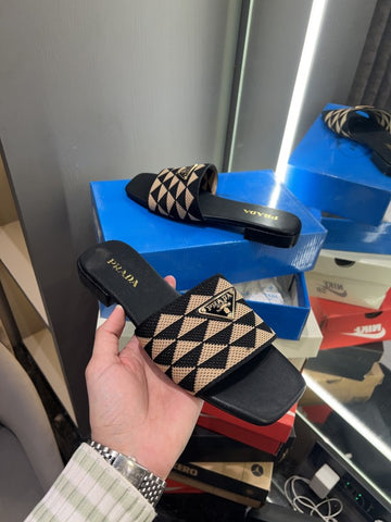 Prada Geometric Logo Slides With OG Box & Dust Bag