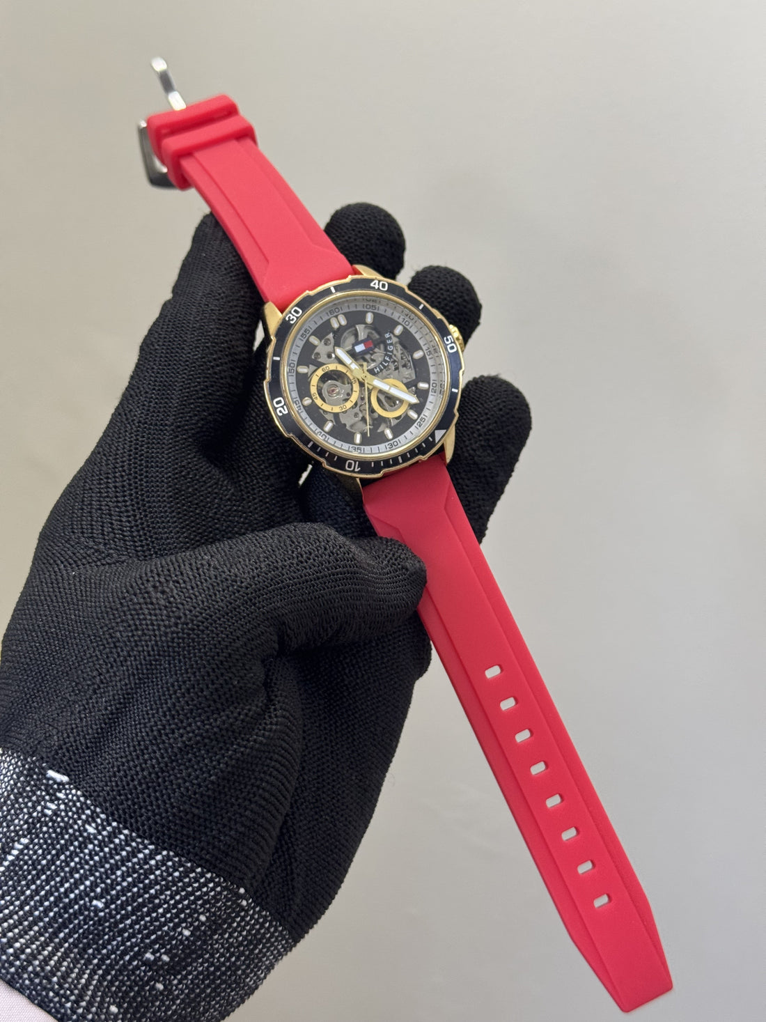 Tommy Hilfiger Red Silicone Strap Automatic Open Machinery Premium Watch