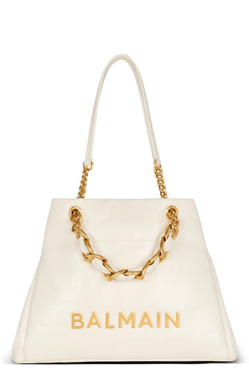 BALMAIN CHAIN EMBELLISHED PLAIN LEATHER TOTE BAGS