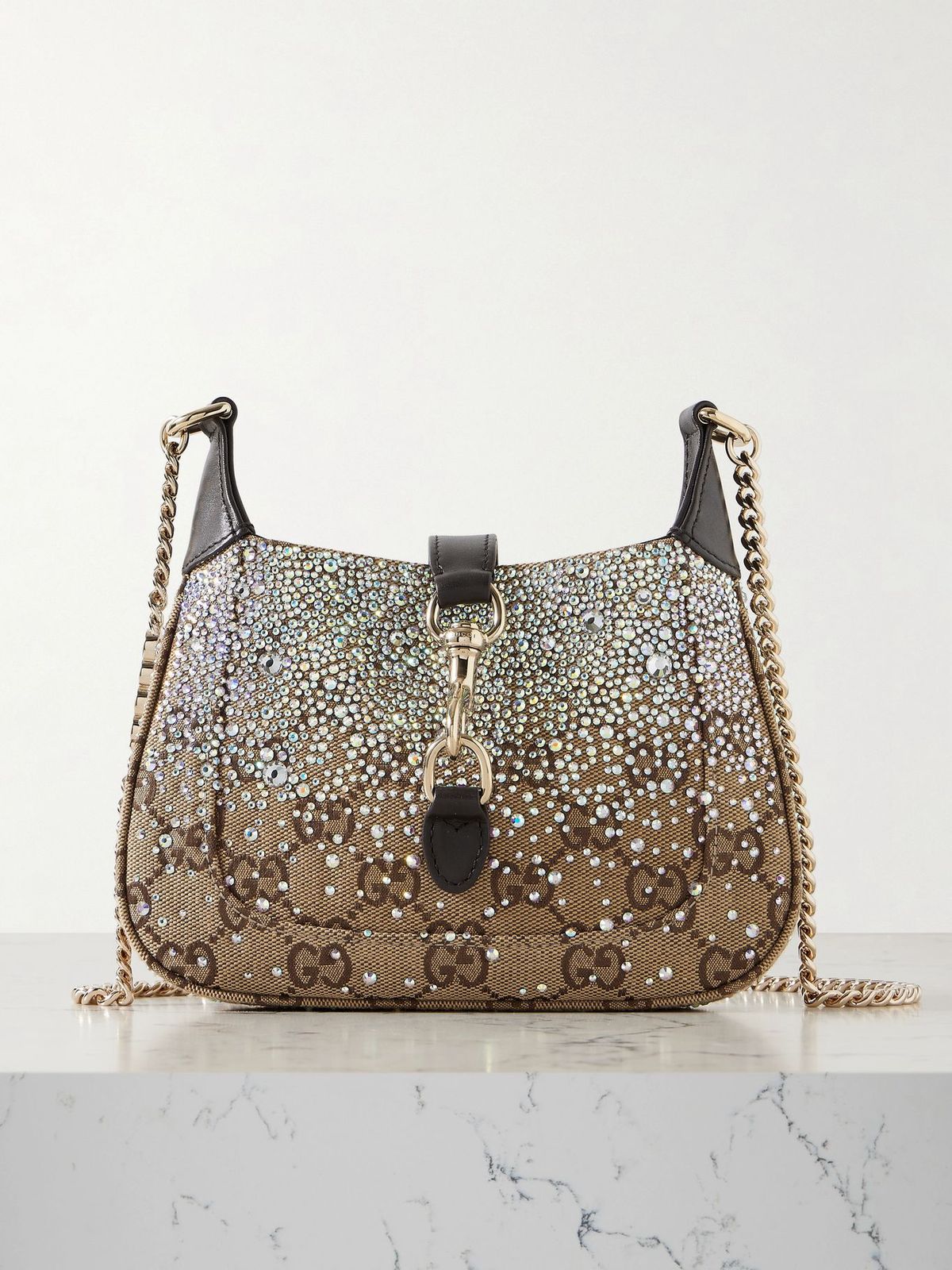 GUCCI JACKIE NOTTE TRIMMED CRYSTAL EMBELLISHED SMALL SHOULDER BAG