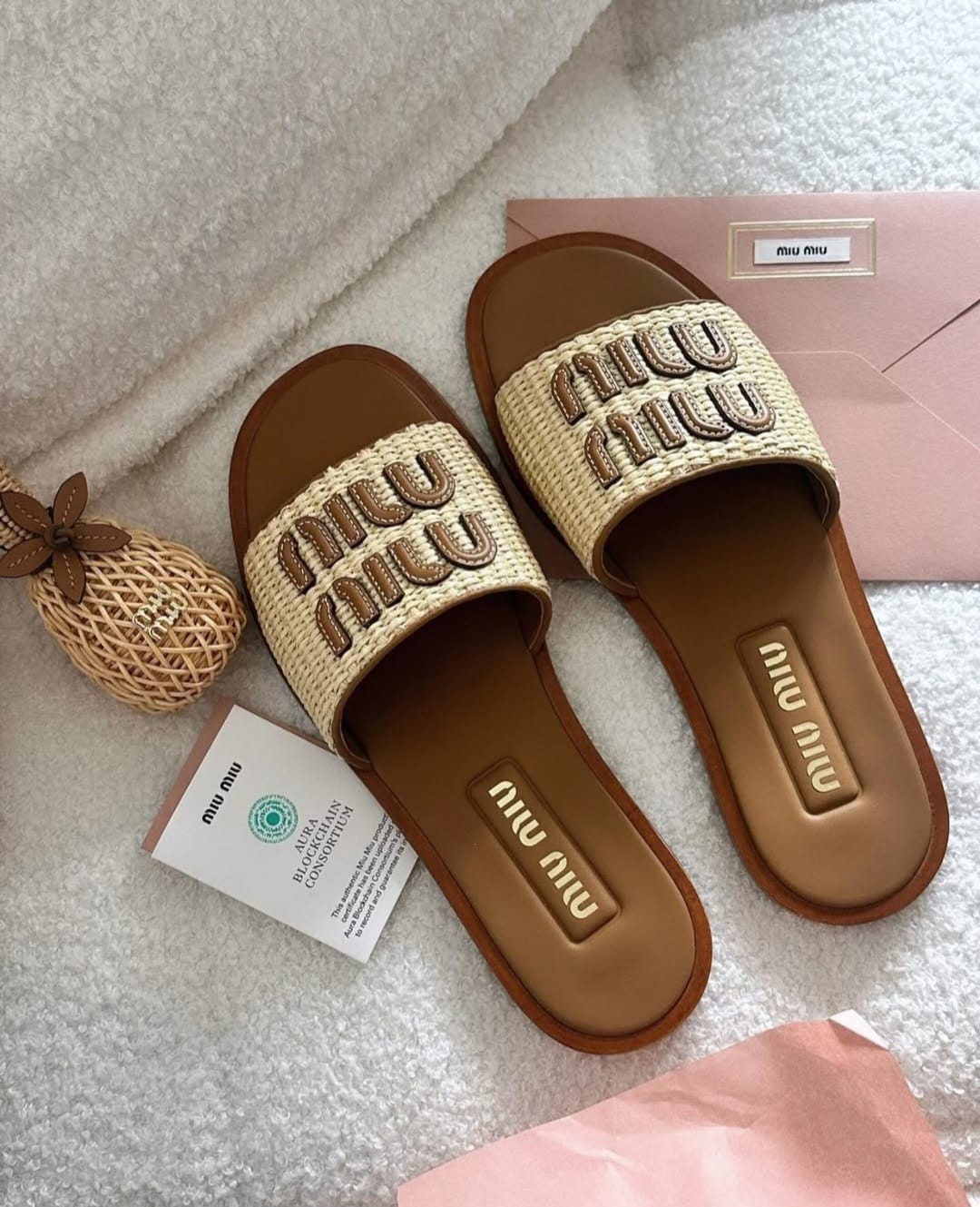 Miu Miu Raffia Effect Woven Slides For Woman