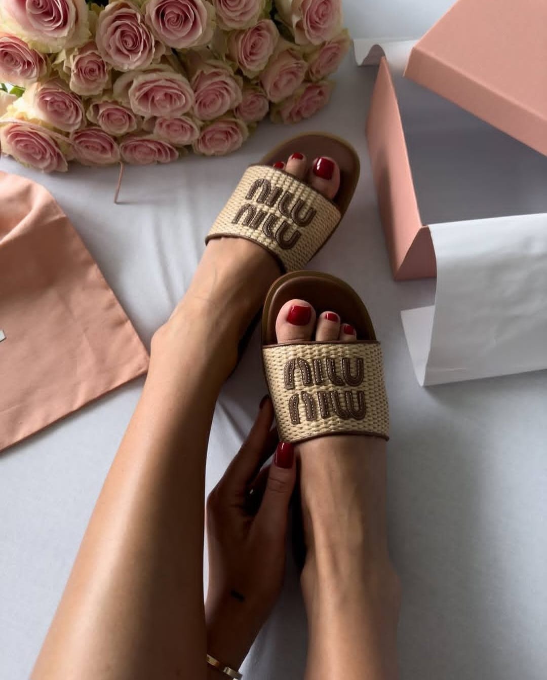 Miu Miu Raffia Effect Woven Slides For Woman