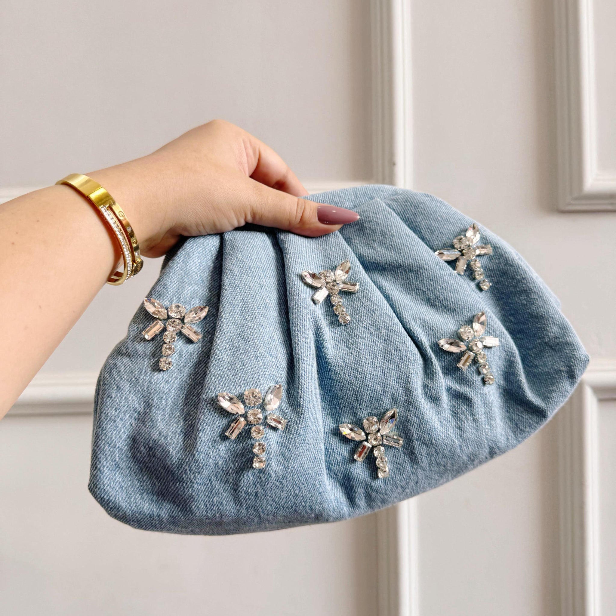 Denim Bag with Butterfly Rhinestone Crystals